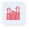 icon depicting a stack of coins with a dollar symbol and upward arrows suggesting financial growth or profits